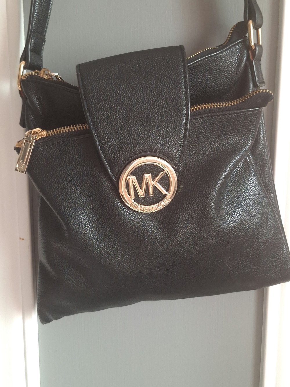 Michael Kors Black Leather Crossbody with Gold MK Emblem